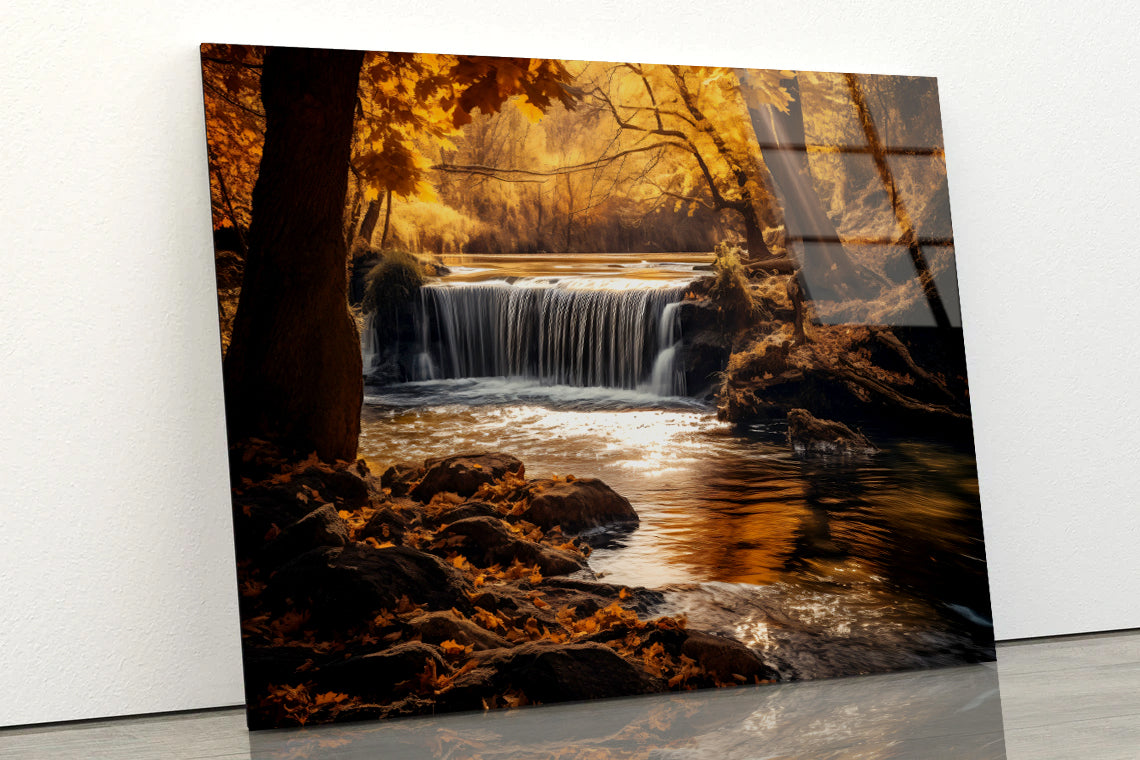 Beautiful autumn with Yellow Trees and Water Acrylic Glass Print Tempered Glass Wall Art 100% Made in Australia Ready to Hang - Bella Home Decor