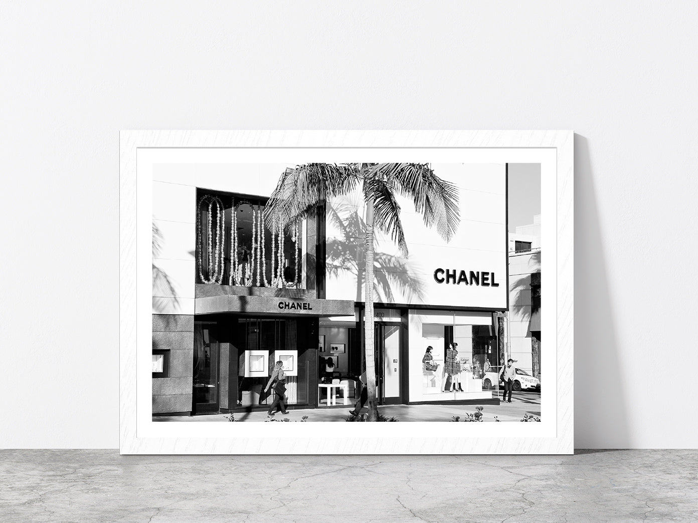 Palm Tree & People near Fashion Store Photograph Glass Framed Wall Art, Ready to Hang Quality Print With White Border White