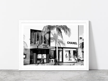 Palm Tree & People near Fashion Store Photograph Glass Framed Wall Art, Ready to Hang Quality Print With White Border White