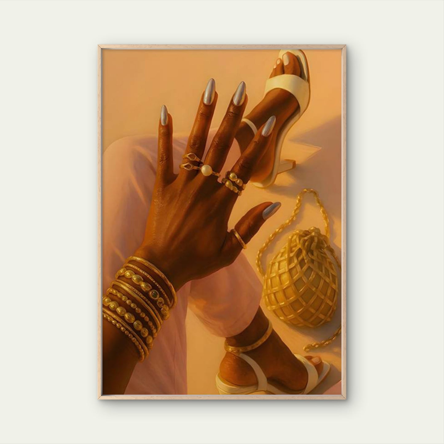 Golden Rings Nail Polish High Heels Braided Tote Bag Fashion Home Decor Premium Quality Poster Print Choose Your Sizes - Bella Home Decor