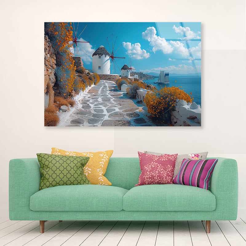 Path with a Boat & Buildings in Greece Acrylic Glass Print Tempered Glass Wall Art 100% Made in Australia Ready to Hang - Bella Home Decor