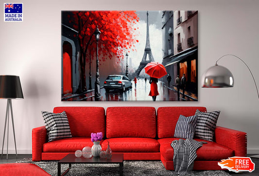 People Under Umbrella, Eiffel Tower Wall Art Limited Edition High Quality Print