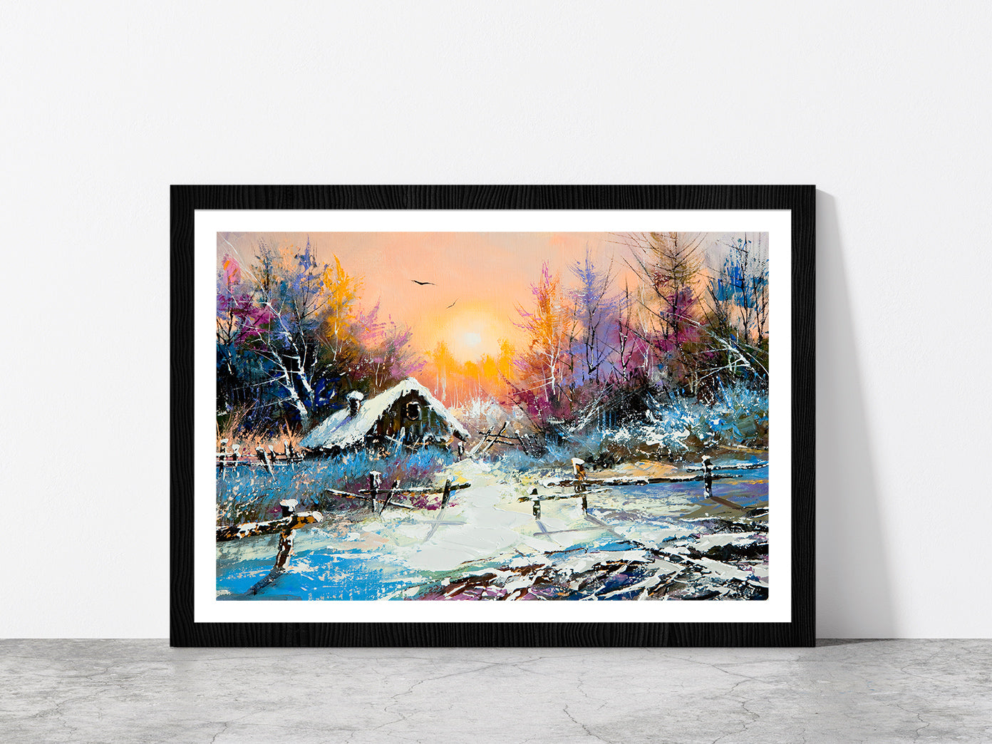 Rural Winter & Sunrise Landscape Painting Glass Framed Wall Art, Ready to Hang Quality Print With White Border Black