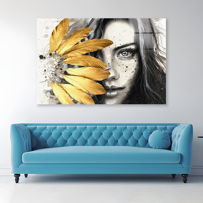 Gold Feathers Girl Acrylic Glass Print Tempered Glass Wall Art 100% Made in Australia Ready to Hang