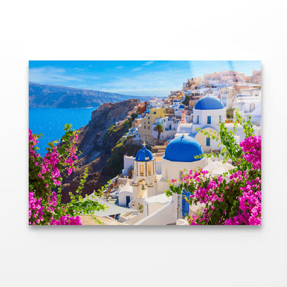 Buildings of Oia Town and Flowers Acrylic Glass Print Tempered Glass Wall Art 100% Made in Australia Ready to Hang - Bella Home Decor