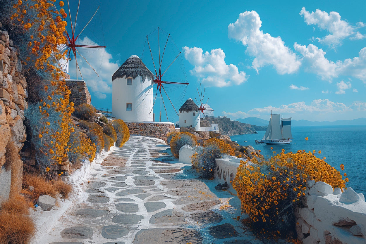 Path with a Boat & Buildings in Greece Print 100% Australian Made - Bella Home Decor