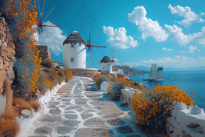 Path with a Boat & Buildings in Greece Print 100% Australian Made - Bella Home Decor
