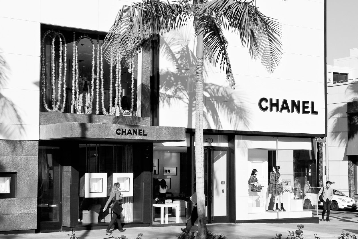 Palm Tree & People near Fashion Store Photograph Glass Framed Wall Art, Ready to Hang Quality Print