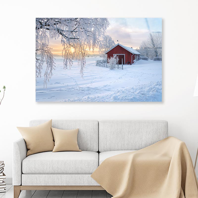 Winter View Of a Red Barn at Sunset in Rusko, Finland Acrylic Glass Print Tempered Glass Wall Art 100% Made in Australia Ready to Hang - Bella Home Decor
