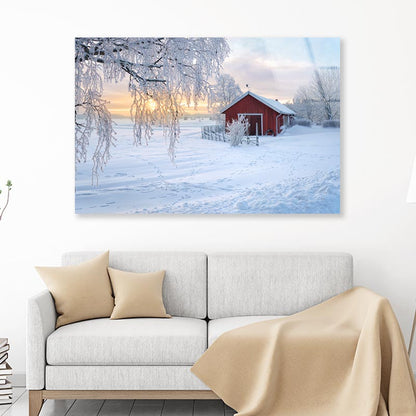 Winter View Of a Red Barn at Sunset in Rusko, Finland Acrylic Glass Print Tempered Glass Wall Art 100% Made in Australia Ready to Hang - Bella Home Decor