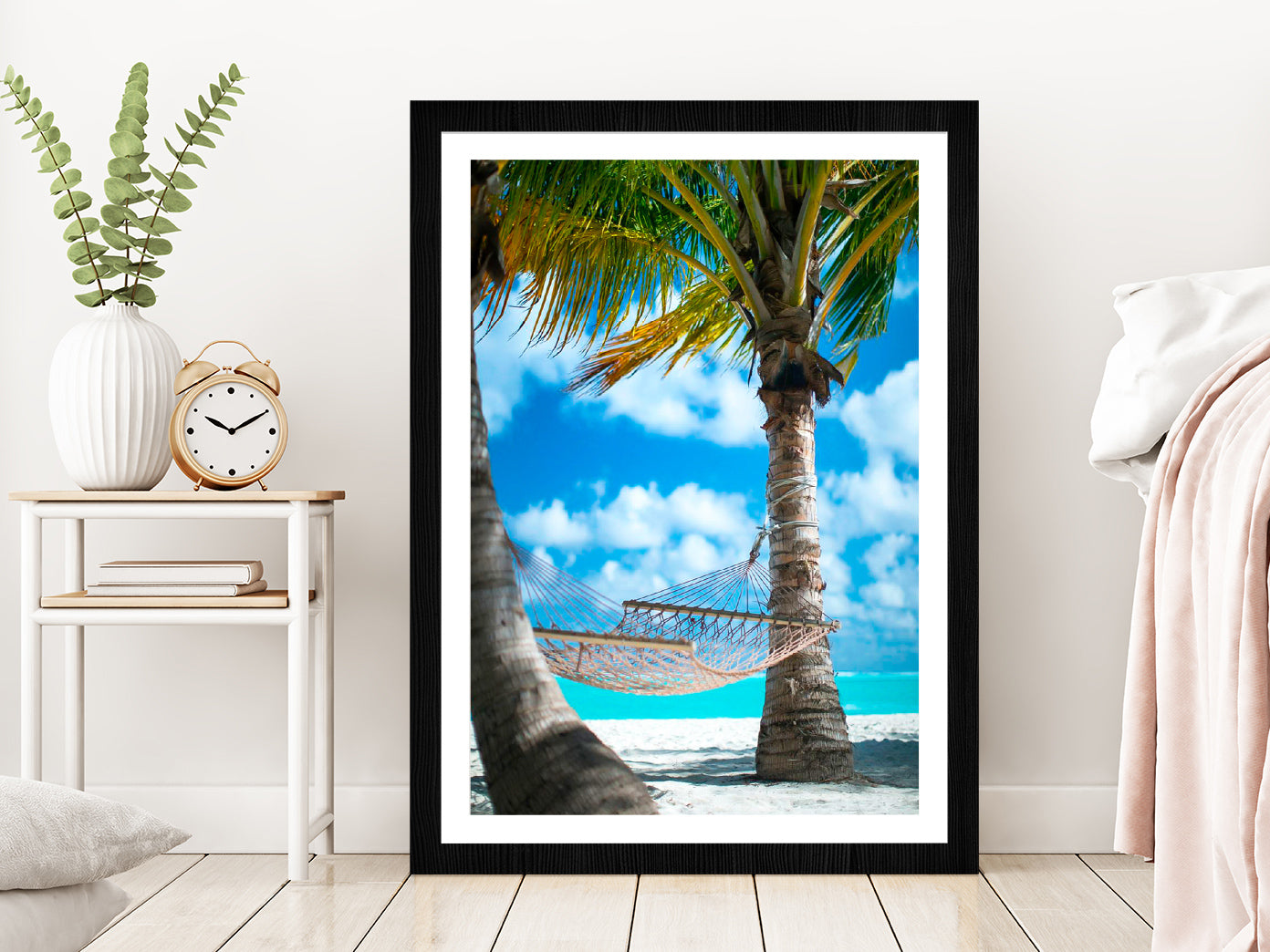 Hammock with Palm Trees Beach Photograph Glass Framed Wall Art, Ready to Hang Quality Print With White Border Black