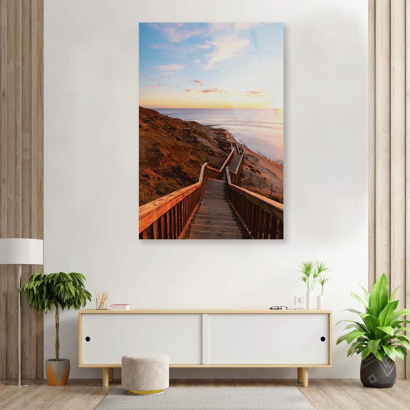 Stair Walkway Along the Coastline with Sunset View at Port Noarlunga, South AustraliaPortrait Photograph Acrylic Glass Print Tempered Glass Wall Art 100% Made in Australia Ready to Hang - Bella Home Decor