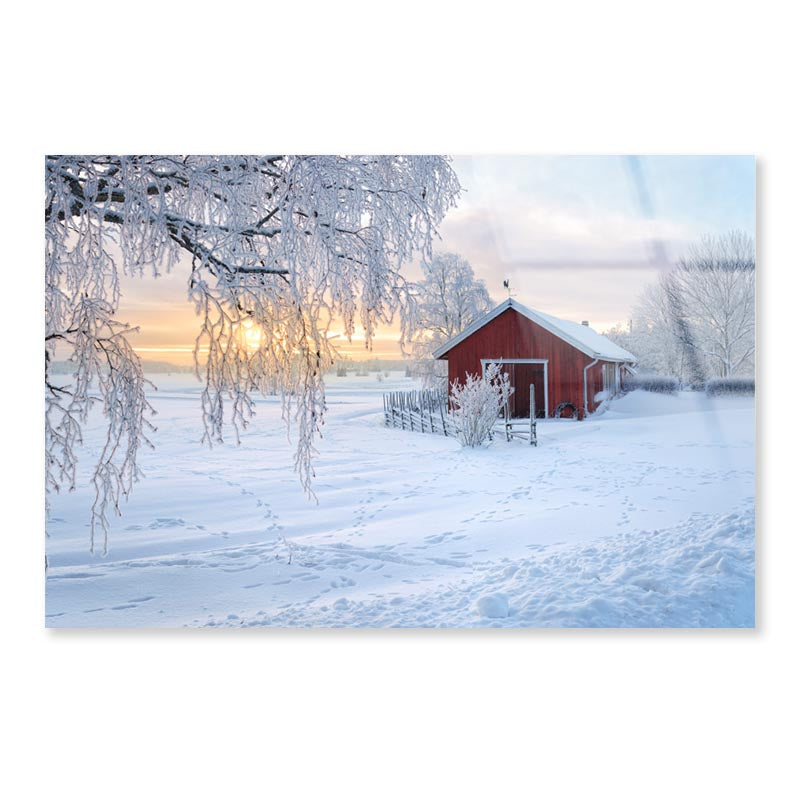 Winter View Of a Red Barn at Sunset in Rusko, Finland Acrylic Glass Print Tempered Glass Wall Art 100% Made in Australia Ready to Hang - Bella Home Decor