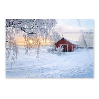 Winter View Of a Red Barn at Sunset in Rusko, Finland Acrylic Glass Print Tempered Glass Wall Art 100% Made in Australia Ready to Hang - Bella Home Decor