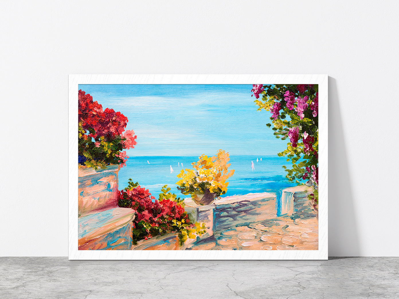 Terrace Near The Sea & Flowers Glass Framed Wall Art, Ready to Hang Quality Print Without White Border White