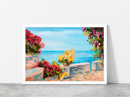 Terrace Near The Sea & Flowers Glass Framed Wall Art, Ready to Hang Quality Print Without White Border White