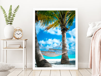 Hammock with Palm Trees Beach Photograph Glass Framed Wall Art, Ready to Hang Quality Print Without White Border White