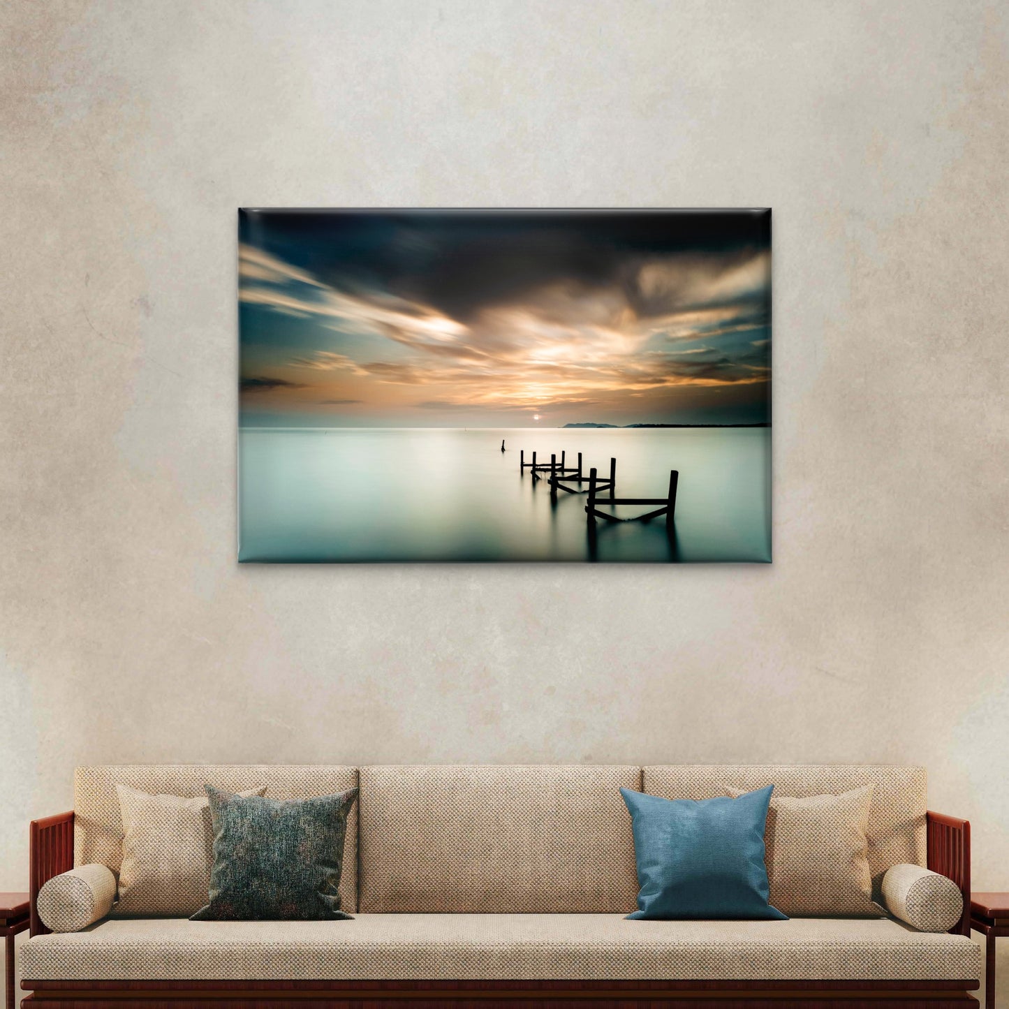 An abandoned wooden jetty sits at sunset in Pasir Panjang, Port Dickson, Malaysia  Wall Art Decor 100% Australian Made