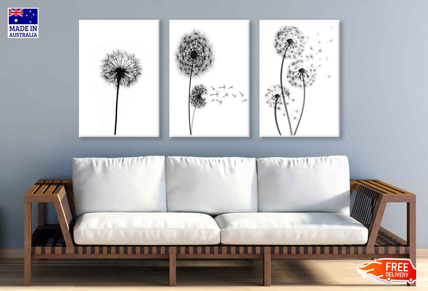 3 Set of Black Dandelion Flowers High Quality Print 100% Australian Made Wall Canvas Ready to Hang