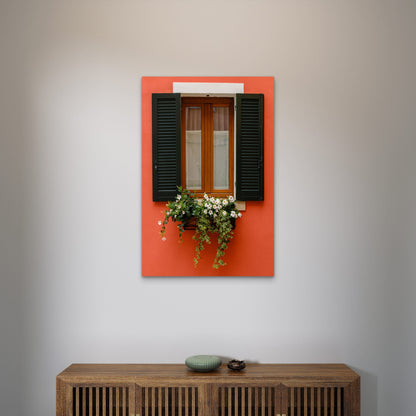 Red Wall Window Flower Box 60x90cm Metal Print Ready to Hang - Bella Home Decor