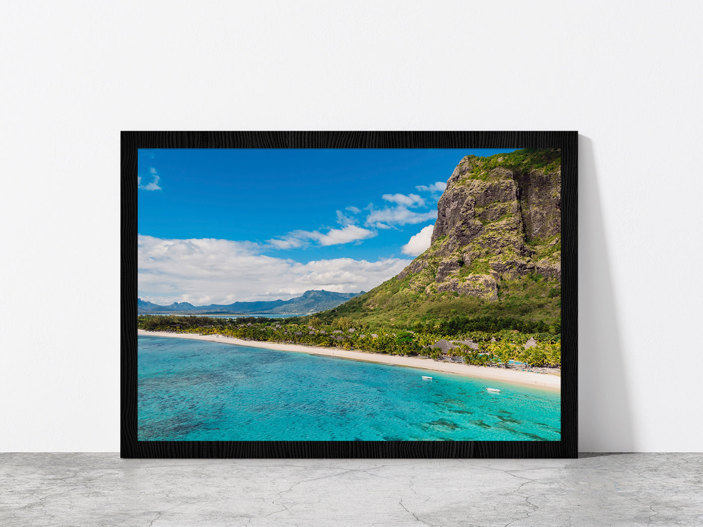 Le Morne Mountain Ocean & Beach Glass Framed Wall Art, Ready to Hang Quality Print Without White Border Black