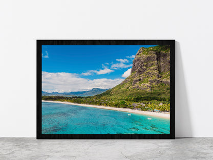 Le Morne Mountain Ocean & Beach Glass Framed Wall Art, Ready to Hang Quality Print Without White Border Black