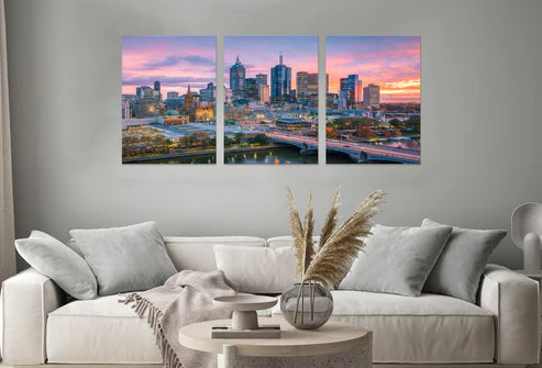 3pcs Melbourne Skyline Sunset Golden Hour Wall Art Set Canvas Unframed - High Quality Print 100% Australian Made Wall Canvas
