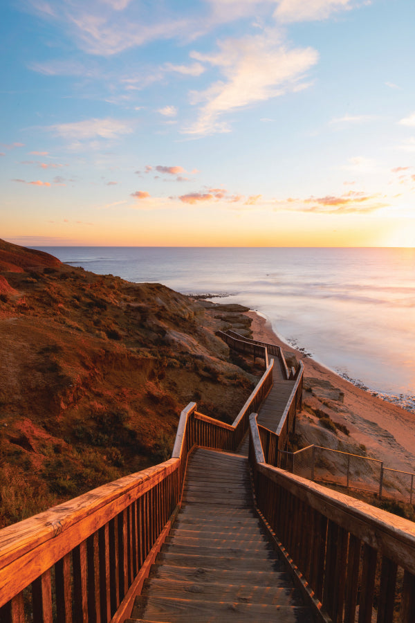 Stair Walkway Along the Coastline with Sunset View at Port Noarlunga, South Australia Wall Art Decor 100% Australian Made