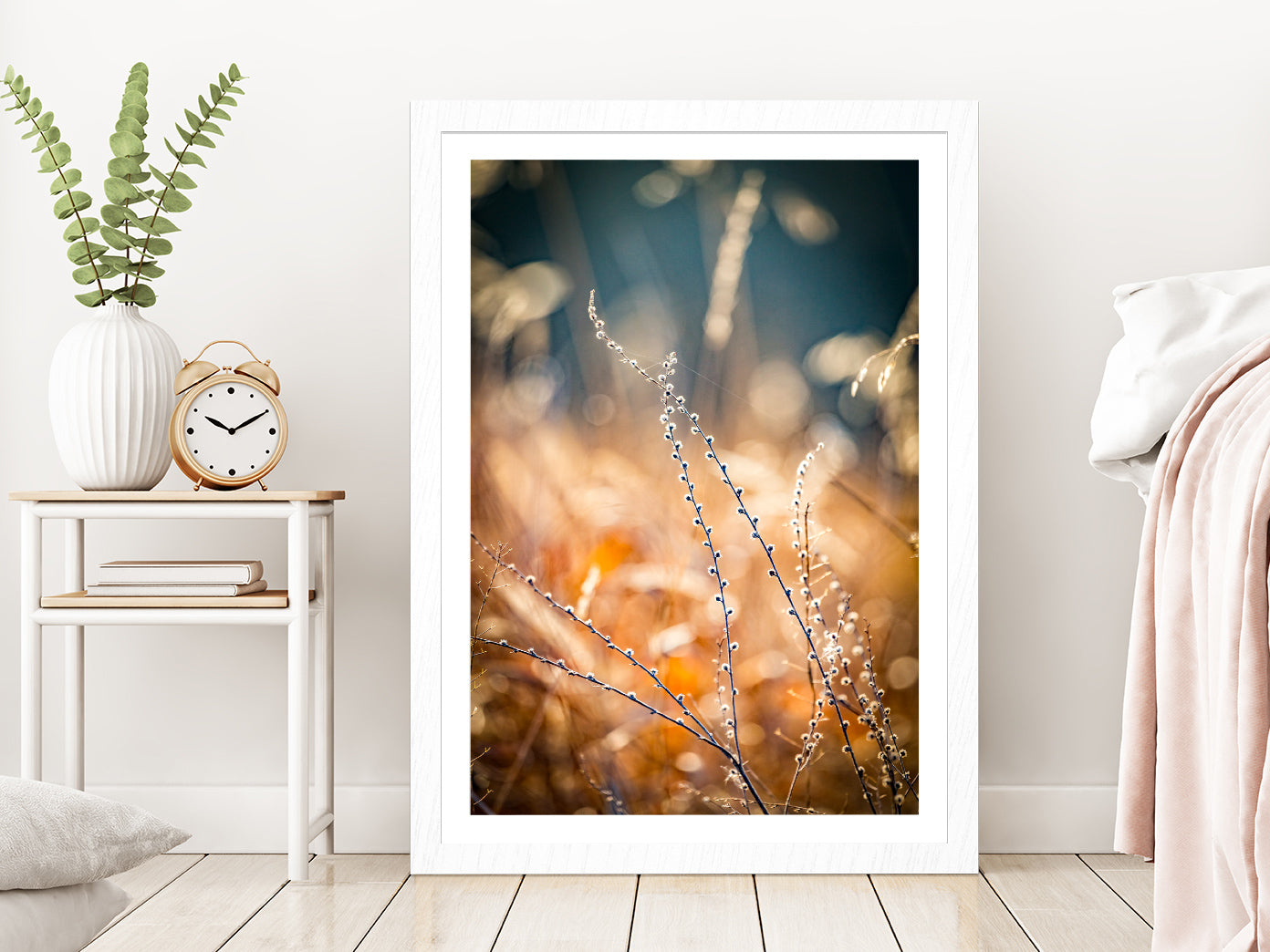 Blurred Autumn Golden Floral Glass Framed Wall Art, Ready to Hang Quality Print With White Border White