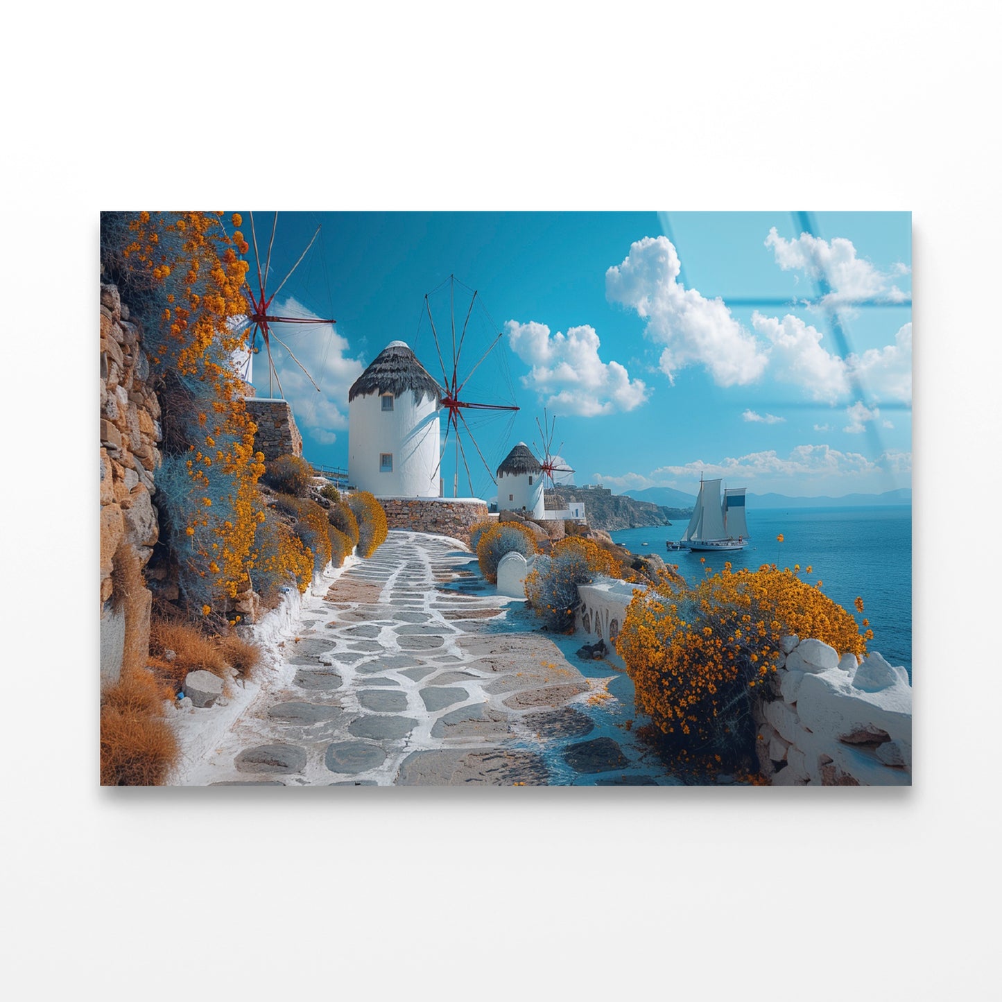 Path with a Boat & Buildings in Greece Acrylic Glass Print Tempered Glass Wall Art 100% Made in Australia Ready to Hang - Bella Home Decor