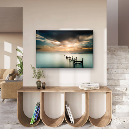 An abandoned wooden jetty sits at sunset in Pasir Panjang, Port Dickson, Malaysia  Wall Art Decor 100% Australian Made