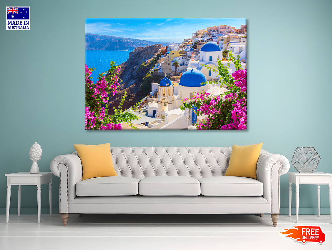 Buildings of Oia Town and Flowers Print 100% Australian Made - Bella Home Decor