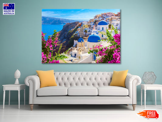 Buildings of Oia Town and Flowers Print 100% Australian Made - Bella Home Decor