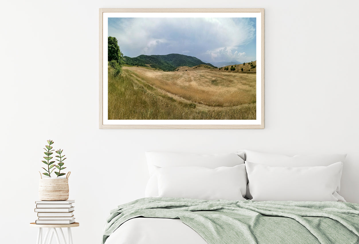 View Of a Grassy Field with Hills, Clear Sky & Clouds Home Decor Premium Quality Poster Print Choose Your Sizes - Bella Home Decor