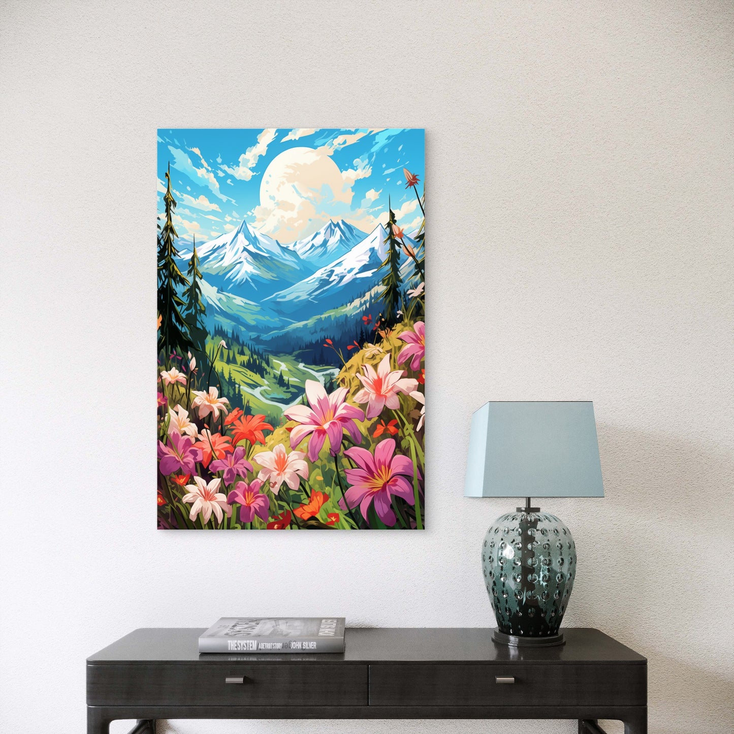 Anime Style Mountains Flower Field 40x60cm Metal Print Ready to Hang