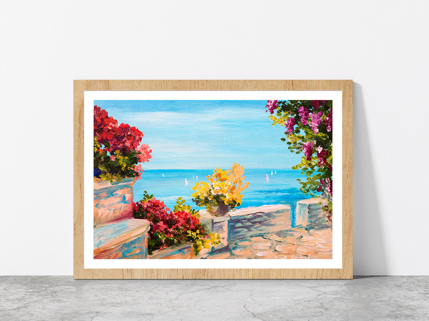 Terrace Near The Sea & Flowers Glass Framed Wall Art, Ready to Hang Quality Print With White Border Oak