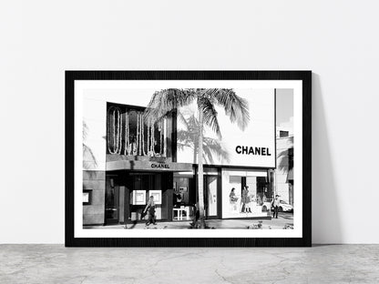Palm Tree & People near Fashion Store Photograph Glass Framed Wall Art, Ready to Hang Quality Print With White Border Black