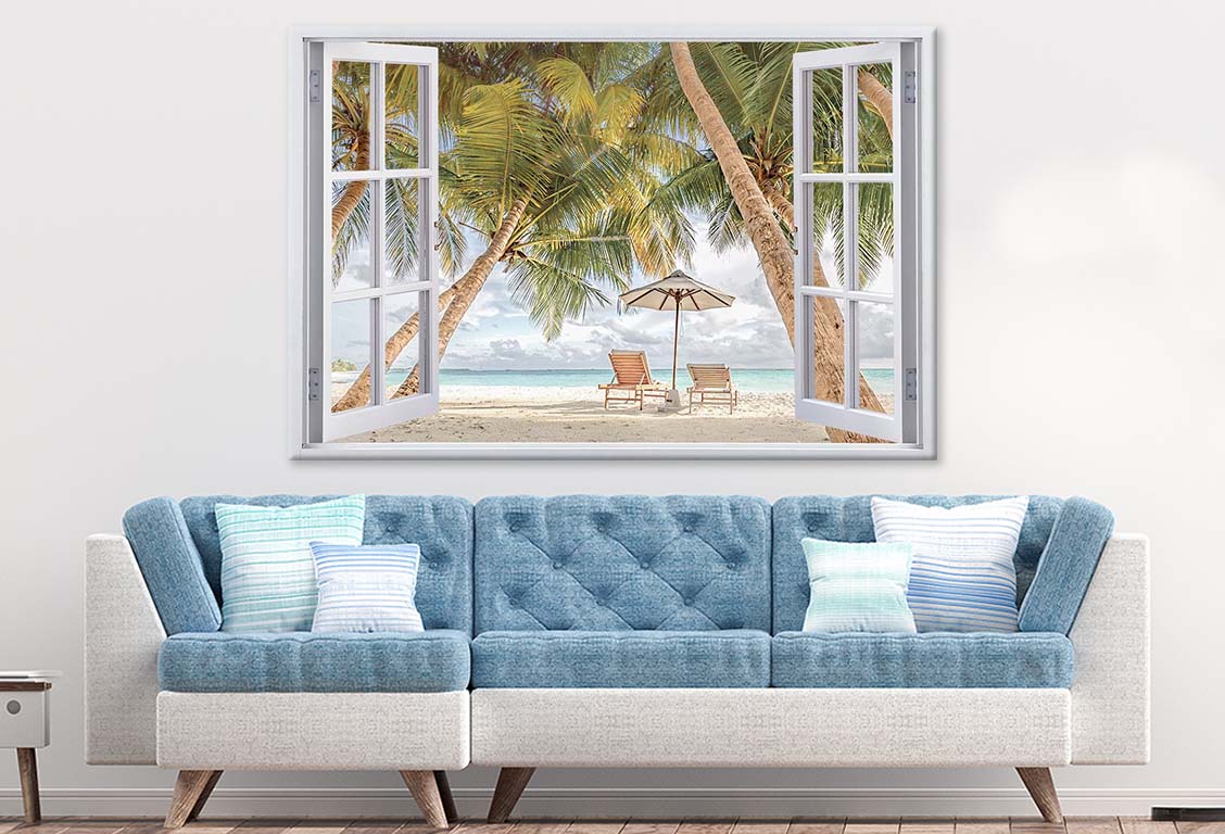 Beach Scenery Palms and Sun Beds with Window Print 100% Australian Made