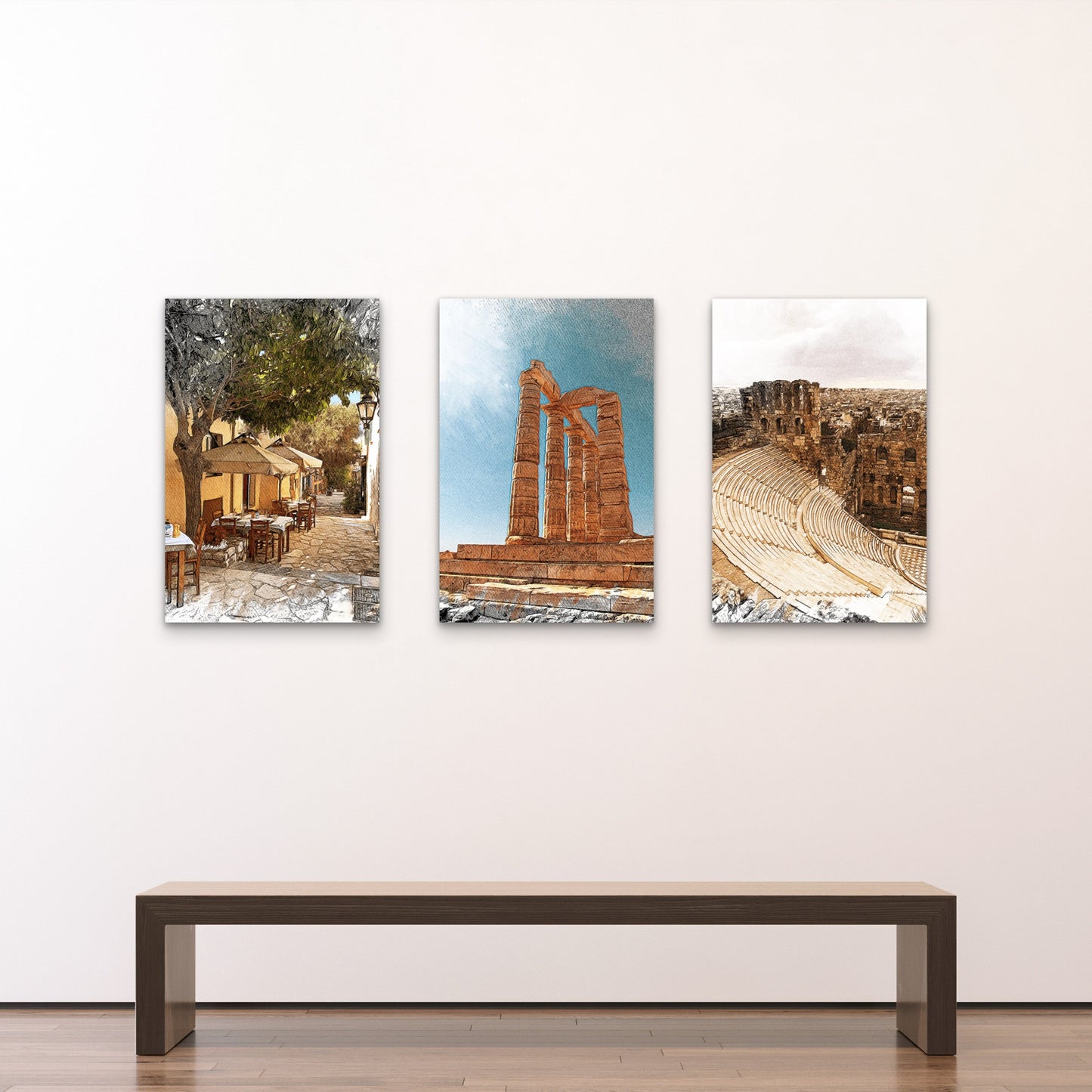 3pcs Greece Ruins Vintage Greek Historic Landscape Wall Art Set Canvas Framed 40x60cm - High Quality Print 100% Australian Made Wall Canvas Ready to Hang