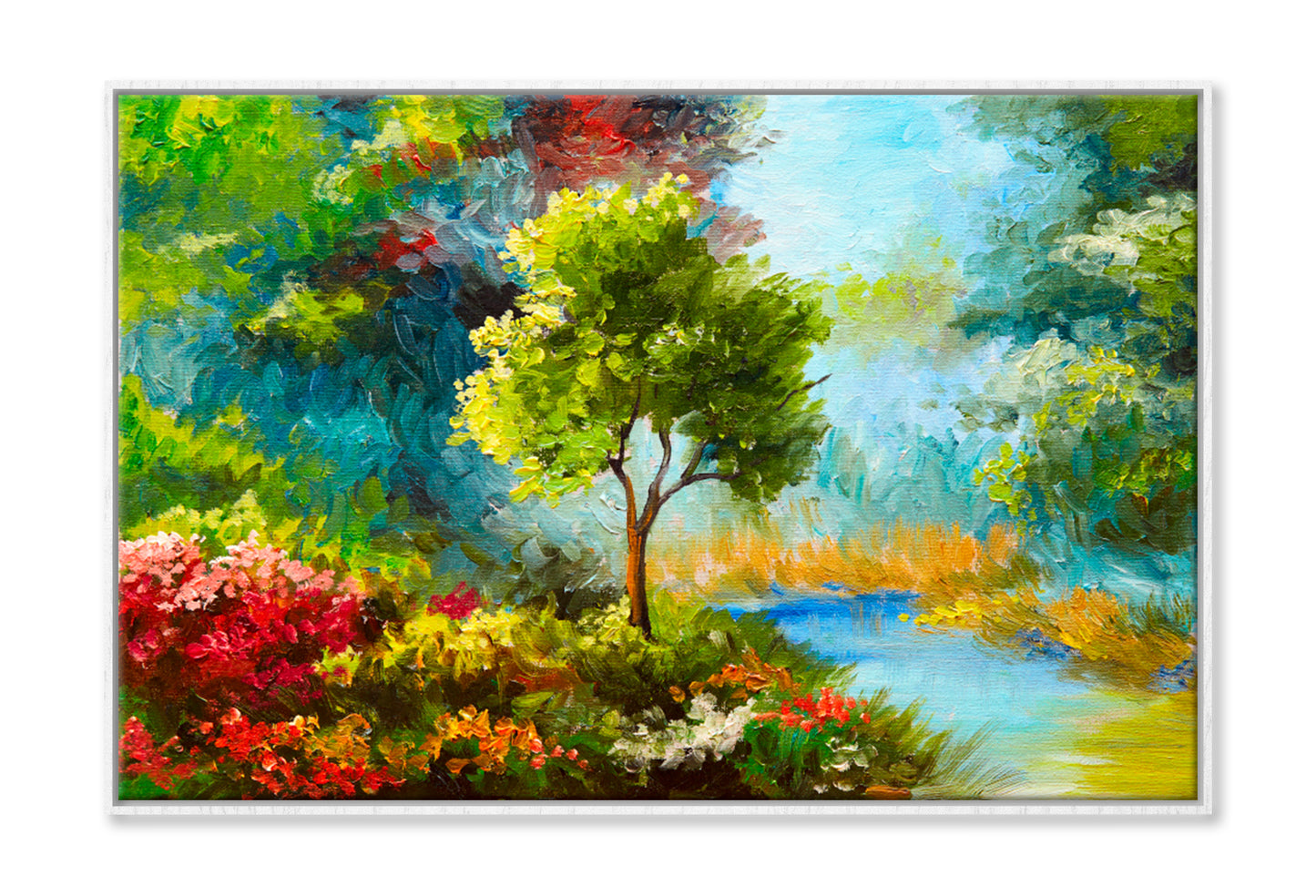 Flowers & Trees Near The River, Sunset Oil Painting Limited Edition High Quality Print Canvas Box Framed White