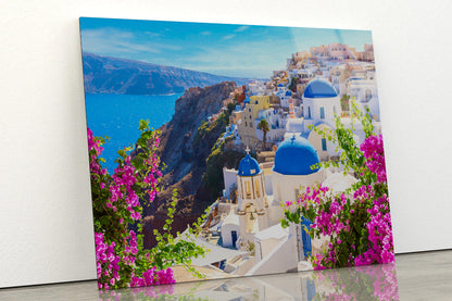 Buildings of Oia Town and Flowers Acrylic Glass Print Tempered Glass Wall Art 100% Made in Australia Ready to Hang - Bella Home Decor