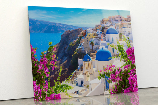 Buildings of Oia Town and Flowers Acrylic Glass Print Tempered Glass Wall Art 100% Made in Australia Ready to Hang - Bella Home Decor