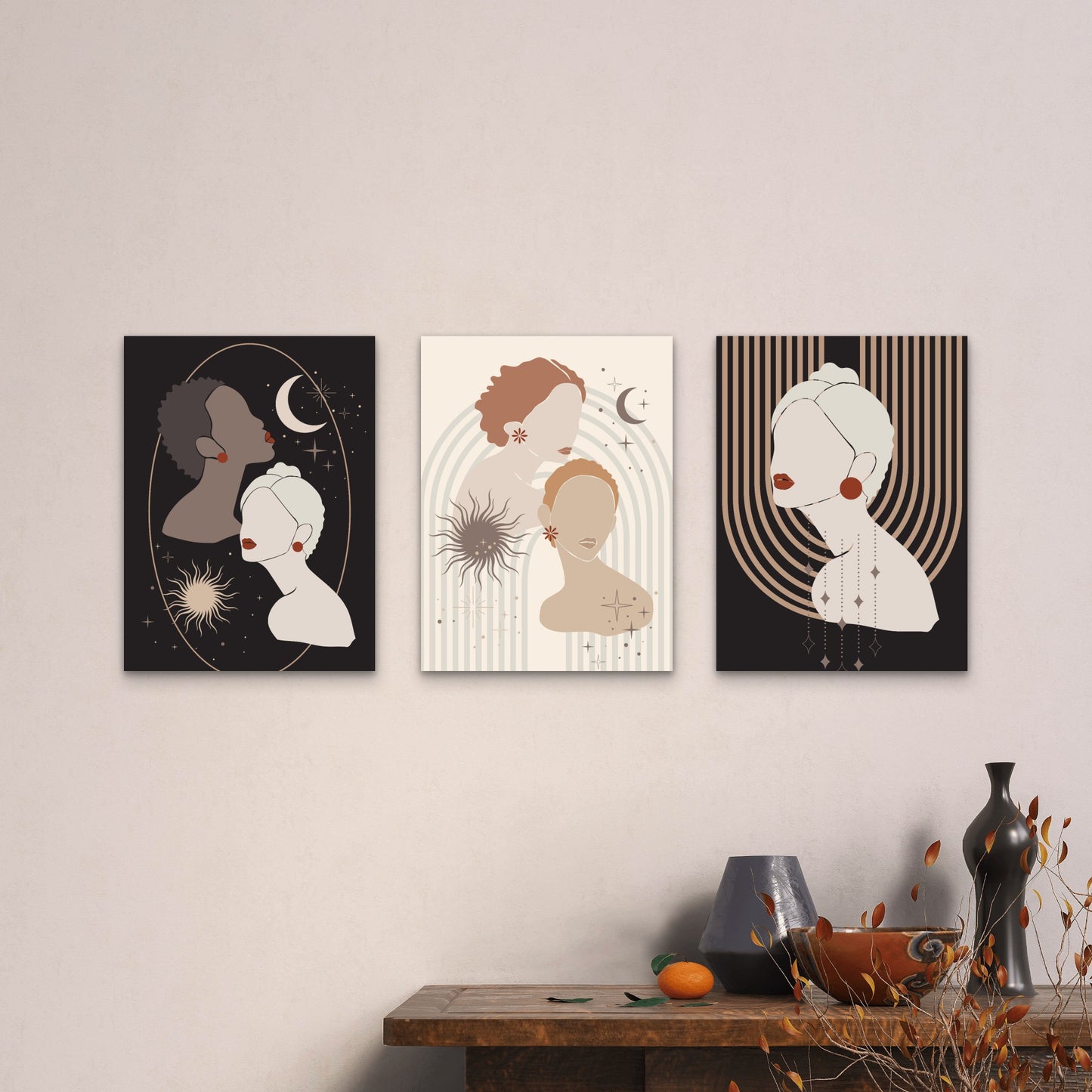 3pcs Boho Female Celestial Sun Moon Wall Art Set Canvas Framed 40x60cm - High Quality Print 100% Australian Made Wall Canvas Ready to Hang