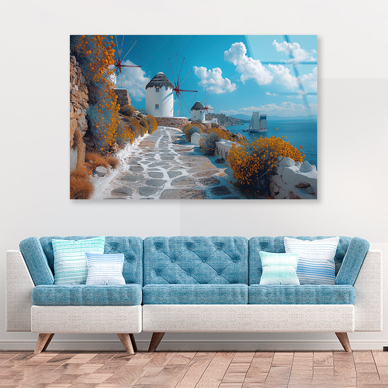 Path with a Boat & Buildings in Greece Acrylic Glass Print Tempered Glass Wall Art 100% Made in Australia Ready to Hang - Bella Home Decor