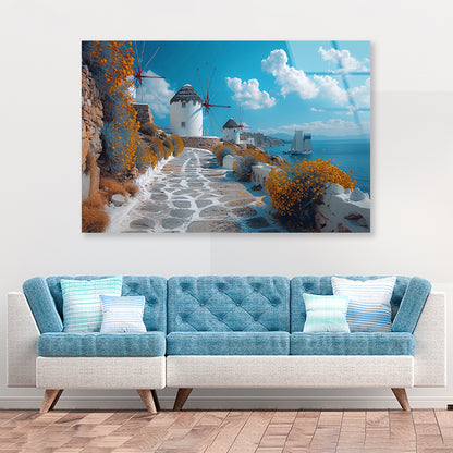 Path with a Boat & Buildings in Greece Acrylic Glass Print Tempered Glass Wall Art 100% Made in Australia Ready to Hang - Bella Home Decor