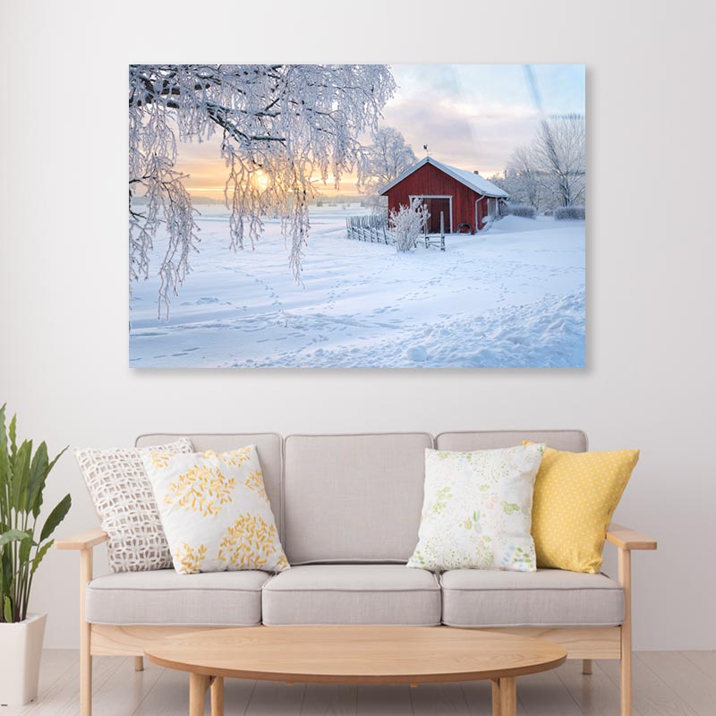 Winter View Of a Red Barn at Sunset in Rusko, Finland Acrylic Glass Print Tempered Glass Wall Art 100% Made in Australia Ready to Hang - Bella Home Decor