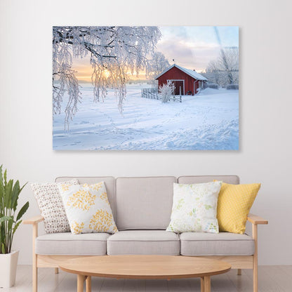 Winter View Of a Red Barn at Sunset in Rusko, Finland Acrylic Glass Print Tempered Glass Wall Art 100% Made in Australia Ready to Hang - Bella Home Decor
