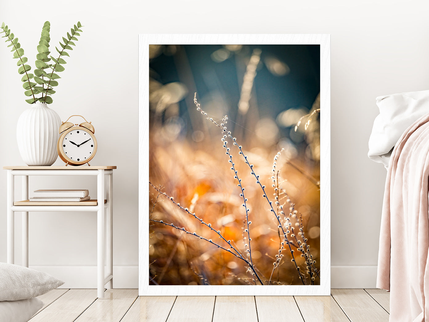 Blurred Autumn Golden Floral Glass Framed Wall Art, Ready to Hang Quality Print Without White Border White