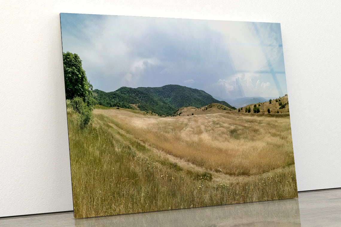 View Of a Grassy Field with Hills, Clear Sky & Clouds Acrylic Glass Print Tempered Glass Wall Art 100% Made in Australia Ready to Hang