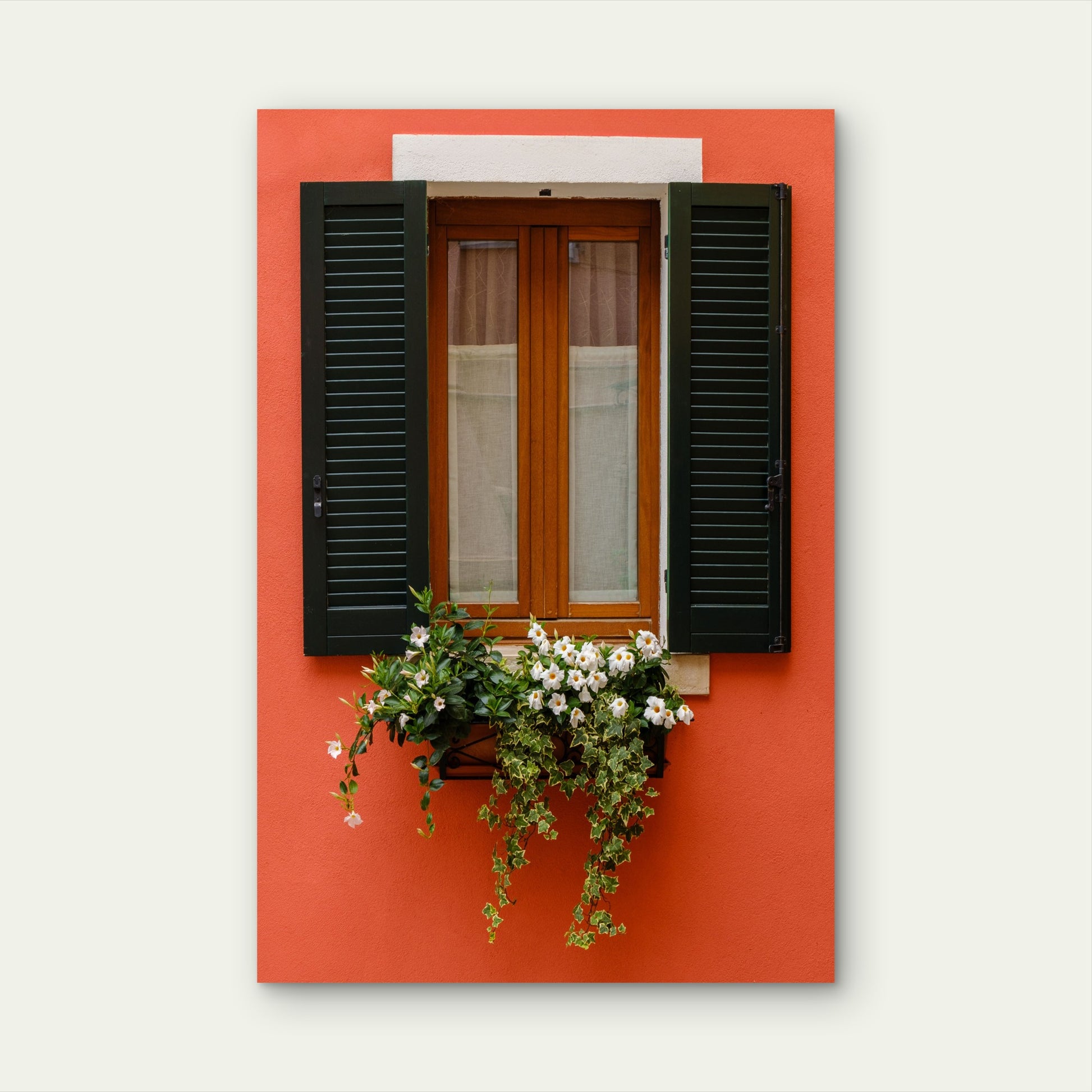 Red Wall Window Flower Box 60x90cm Metal Print Ready to Hang - Bella Home Decor